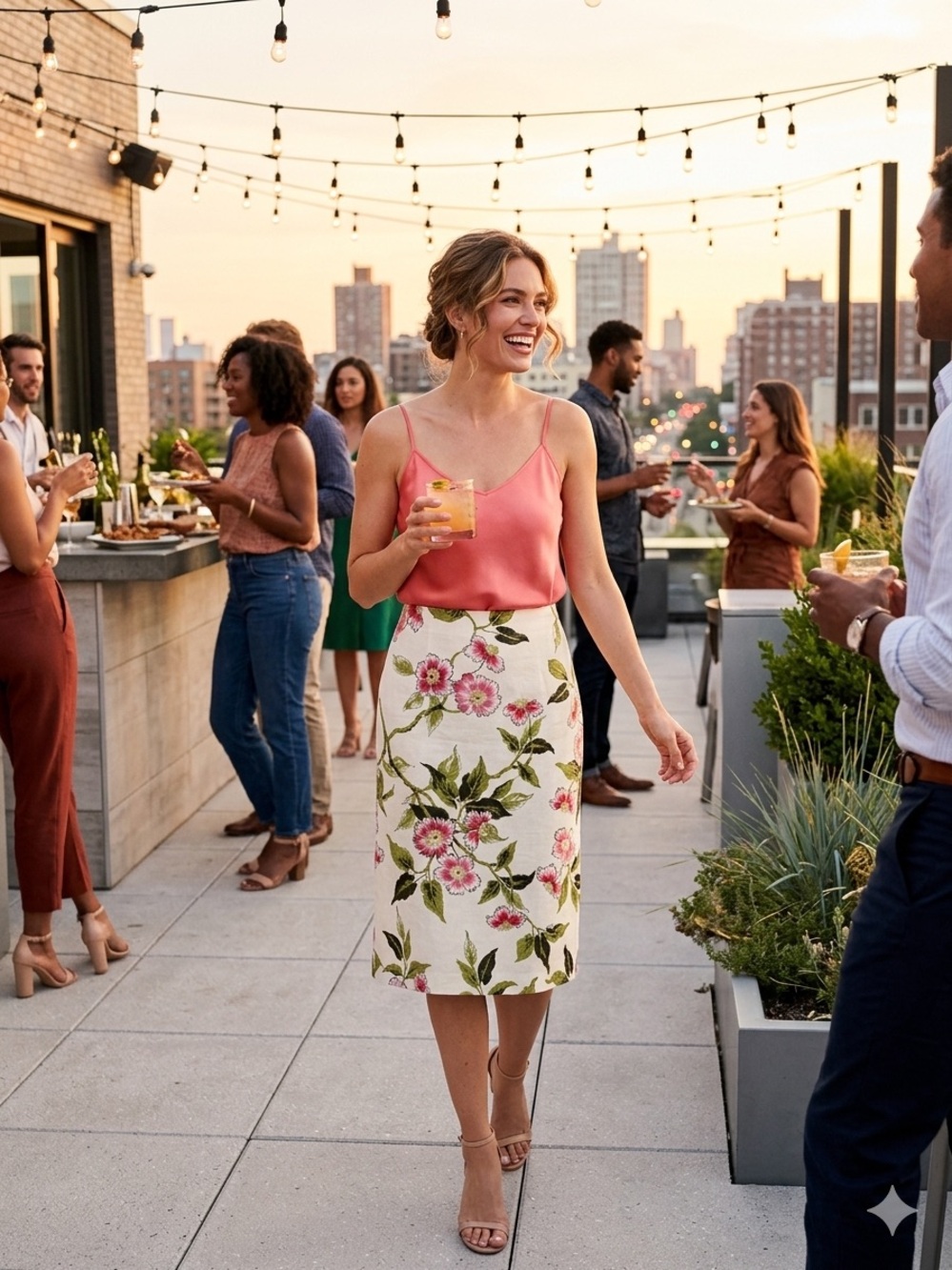 Jessica Howard White Pencil Skirt with Pink Floral Print